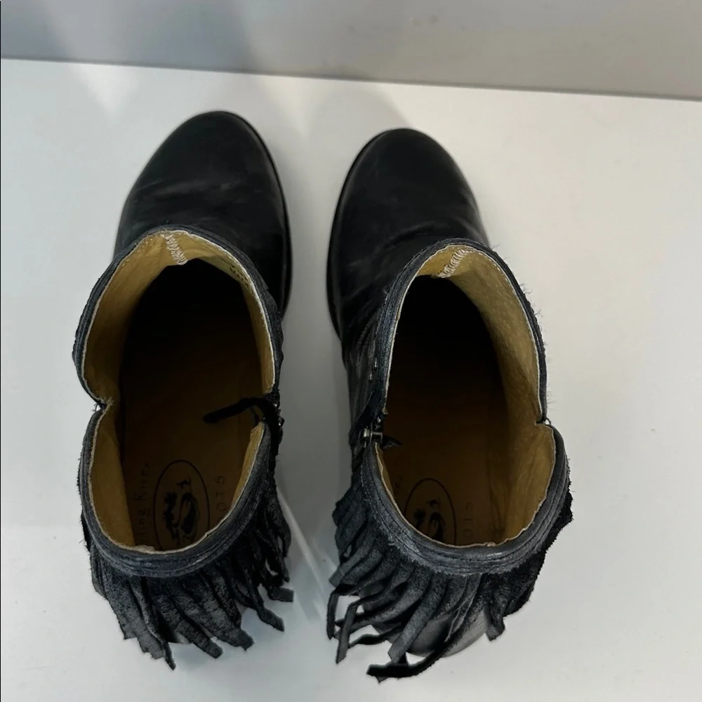 Black Leather Fringe Studded Cowboy Ankle Boots
